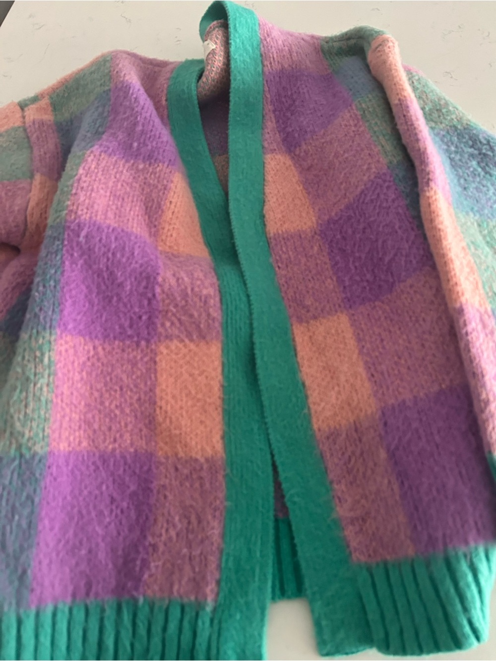 Boutique Pastel Plaid Open Cardigan in Purple, Pink & Green